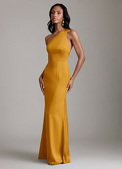 Azazie Voni Bridesmaid Dresses Butterscotch Mermaid One Shoulder Stretch Satin Dress image6