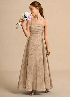 Azazie Pebbles Junior Formal vestidos de niña de las flores Vestido de Champán de Devorado Floral de Corte En A con Plisado image4