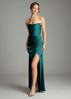 Azazie Leonis Bridesmaid Dresses Peacock Mermaid Pleated Stretch Satin Convertible Dress image1