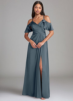 Azazie Dakota Bridesmaid Dresses Twilight A-Line Off the Shoulder Stretch Satin Dress image3