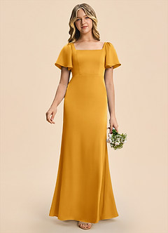 Azazie Chace Junior Butterscotch Sheath Stretch Satin Dress image1