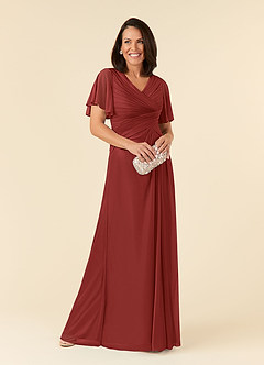 Azazie Emmeline Mother of the Bride Dresses Rust A-Line V-Neck Pleated Mesh Dress image1