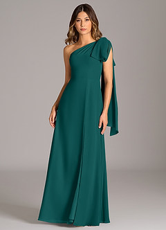 Azazie Tella Bridesmaid Dresses Peacock A-Line One Shoulder Chiffon Dress image2