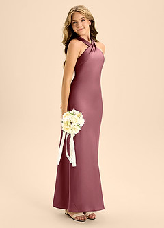 Azazie Doretta Junior Desert Rose A-Line Pleated Stretch Satin Dress image7
