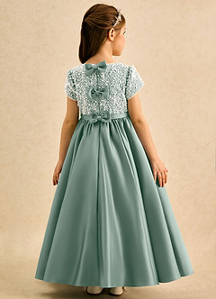 Azazie Cashew Flower Girl Dresses Silver Sage Ball-Gown with Sleeves Matte Satin Dress image1