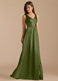 Azazie Keyla Bridesmaid Dresses Olive A-Line Pleated Metallic Satin Dress image4
