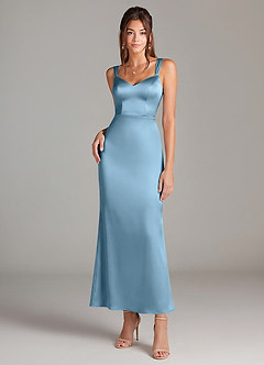 Azazie Denice 신부 들러리 드레스 쉬스 주름진 스트레치 새틴 발목 길이 드레스 image3