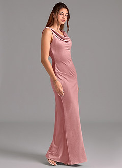 Azazie Rylina Vestidos de damas de honor Vestido de Rosa Polvorienta de terciopelo de Corte Sirena con Lazo image5