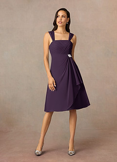 Azazie Olivia At-home Try On Dresses Plum A-Line Square Neckline Pleated Chiffon Dress image3