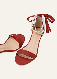 front Matching Color Matte Satin Pearl and Bow Open Toe Chunky Heel Sandals