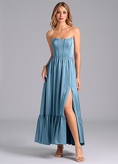 Azazie Leilana Bridesmaid Dresses Steel Blue A-Line Corset Stretch Satin Dress image3