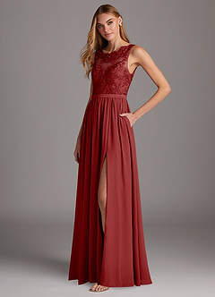 Azazie Elly Bridesmaid Dresses Rust A-Line Lace Scoop Neck Chiffon Dress image1