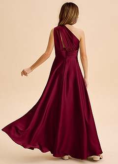 Azazie Charlize Junior Burgundy A-Line Pleated Stretch Satin Dress image2