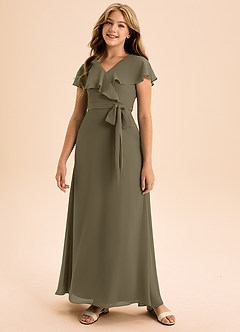Azazie Lainey Junior Vestido de Verde Sauce de Gasa de Corte En A con Con bolsillos image4