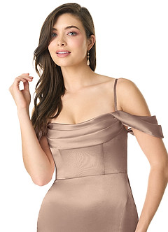 Azazie Liv Bridesmaid Dresses Taupe Sheath Off the Shoulder Metallic Satin Convertible Dress image6