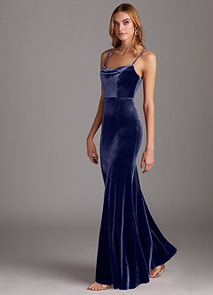 Azazie Solange Bridesmaid Dresses Dark Navy Sheath Pleated Velvet Dress image4