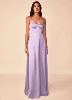 Azazie Mei Bridesmaid Dresses Frosted Lilac A-Line V-Neck Stretch Satin Dress image1