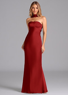 Azazie Lusinda Brudtärnklänningar Klä av Sjöjungfru i Stretch Satin Axelbandslös Granatäpple image4