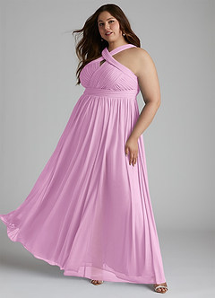 Azazie Hillian Bridesmaid Dresses Candy Pink A-Line Halter Pleated Mesh Dress image11