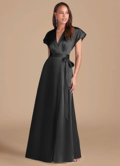 Azazie Nico Brautjungfernkleider A-Linie Plissee Metallischer Satin Kleid Schwarz image1
