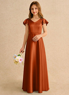 Azazie Nari Girls Formal Final Sale Burnt Orange A-Line with Sleeves Stretch Satin Dress image3