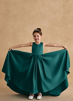 Azazie Sammy Flower Girl Dresses Peacock A-Line Lace Matte Satin Dress image4