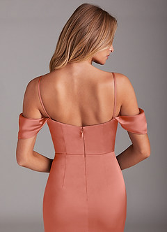 Azazie Saige Bridesmaid Dresses Salmon Pink Mermaid Off the Shoulder Stretch Satin Dress image6