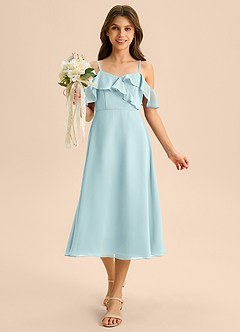 Azazie Kamilla Junior A라인 오프 더 숄더 쉬폰 티 길이 주니어 신부 들러리 드레스 image4