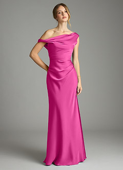 Azazie Emerson Bridesmaid Dresses Fuchsia Mermaid Off the Shoulder Stretch Satin Dress image1