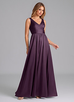 Azazie Keyla Bridesmaid Dresses Plum A-Line Pleated Stretch Satin Dress image5