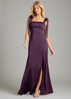 Azazie Frostine Bridesmaid Dresses Plum A-Line Bow Stretch Satin Dress image4