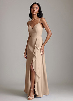 Azazie Naeem Bridesmaid Dresses Taupe A-Line V-Neck Ruffle Chiffon Dress image5