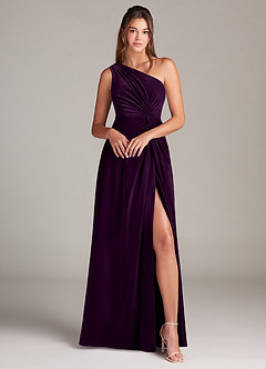Azazie Brooke Bridesmaid Dresses Grape A-Line One Shoulder Velvet Dress image4