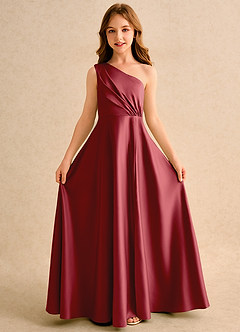 Azazie Puddles Girls Formal Flower Girl Dresses Pomegranate A-Line One Shoulder Matte Satin Dress image5