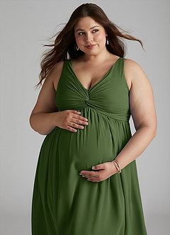 Azazie Yetta Maternity Bridesmaid Dresses A-Line V-Neck Gathered Chiffon Floor-Length Dress image8