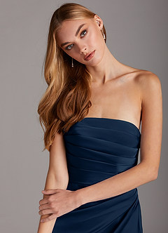 Azazie Lexie Bridesmaid Dresses Dark Navy Sheath Strapless Stretch Satin Convertible Dress image6
