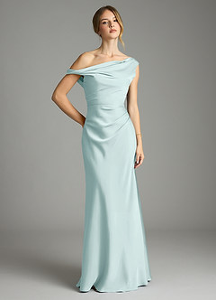 Azazie Emerson Bridesmaid Dresses Mist Mermaid Off the Shoulder Stretch Satin Dress image1