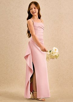 Azazie Cannoli Girls Formal Robe Demoiselle D'honneur Fillette Robe Trapèze en Satin extensible Plissée Rose Poudré image5