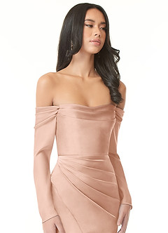 Azazie Hallie Bridesmaid Dresses Rose Gold Sheath Off-The-Shoulder Long Sleeve Stretch Satin Convertible Dress image1