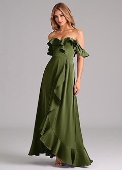 Azazie Lyra Bridesmaid Dresses Olive A-Line Off the Shoulder Stretch Satin Convertible Dress image4