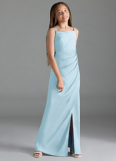 Azazie Leonis Junior A-Linie Plissee Stretch-Satin Kleid Himmelblau image3