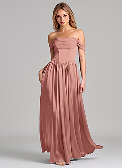 Azazie Raisa Bridesmaid Dresses Rosette A-Line Off the Shoulder Stretch Satin Dress image3