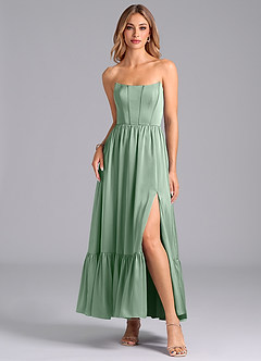 Azazie Leilana Bridesmaid Dresses Agave A-Line Corset Stretch Satin Dress image3