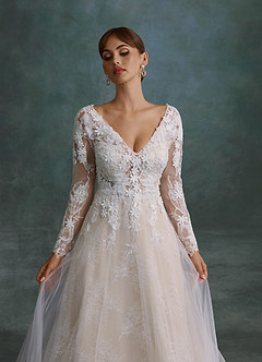 Azazie Leila Wedding Dresses Diamond White Champagne A-Line V-Neck Sequins Tulle Dress image9