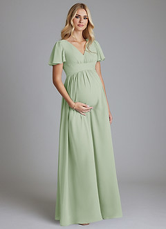 Azazie Verna vestidos de dama de honor de maternidad Vestido de Corte en A Cuello en V fruncido Hasta el suelo Gasa image3