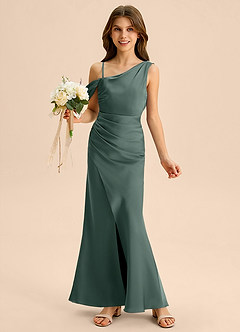 Azazie Madelyn Junior Osłona Zza ramienia Satyna elastyczna Długość podłogi Młodsza druhna Sukienka image1