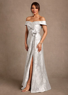 Azazie Elzbieta Mère de la mariée Robes Robe Trapèze en Jacquard Épaule décolletée Jacquard Argenté image3