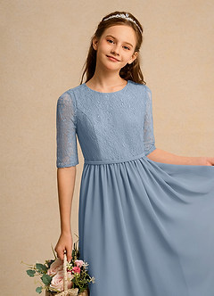 Azazie Pippin Girl Robe Demoiselle D'honneur Fillette Robe Trapèze en Dentelle Bleu Poussiéreux image3