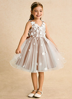 Azazie Junebug Flower Girl Dresses Ivory Champagne Rose Ball-Gown Lace Tulle Dress image5