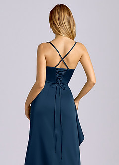 Azazie Sarai Jurken voor bruidsmeisjes Jurk van Stretch Satijn met Kolom Korset Donkere Marine image2